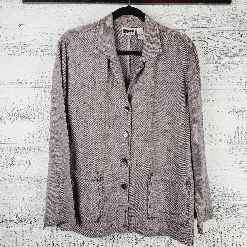 Chico’s Design 100% Linen Button Down Blouse 1 M 8 Tan Resort Lagenlook